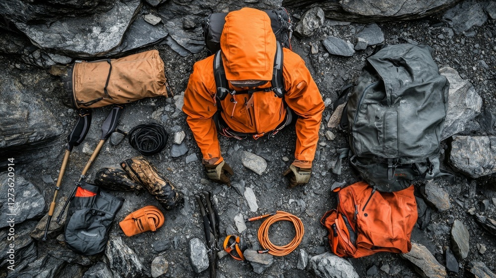 Climber Rests Amongst Gear On Rocky Terrain Climber Rests Amongst Gear On Rocky Terrain