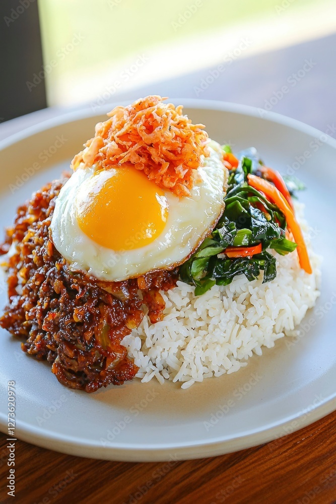 Sunny side egg over rice with veggie topping. Asian food close-up studio shot Sunny side egg over rice with veggie topping. Asian food close-up studio shot