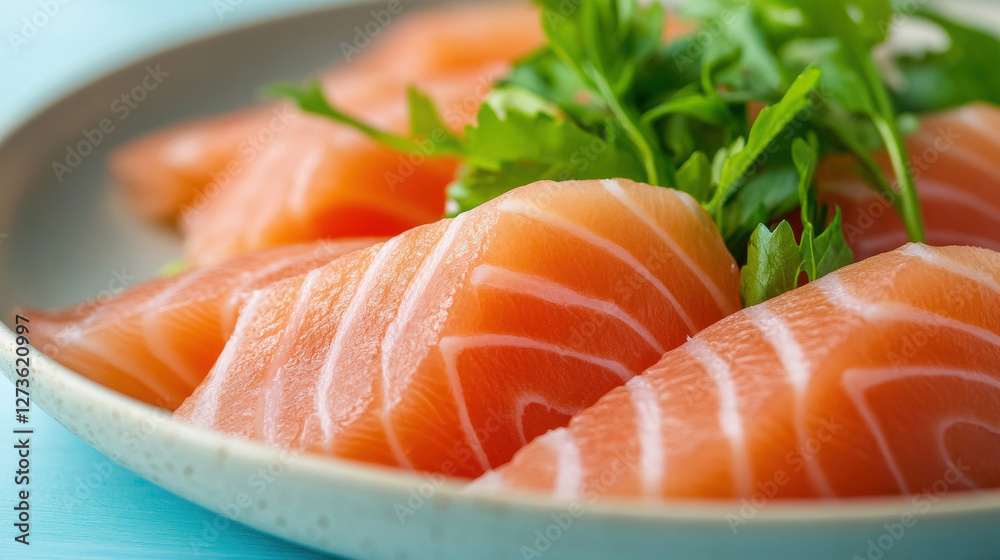 Fresh slices of salmon sashimi with green garnish on ceramic plate Fresh slices of salmon sashimi with green garnish on ceramic plate