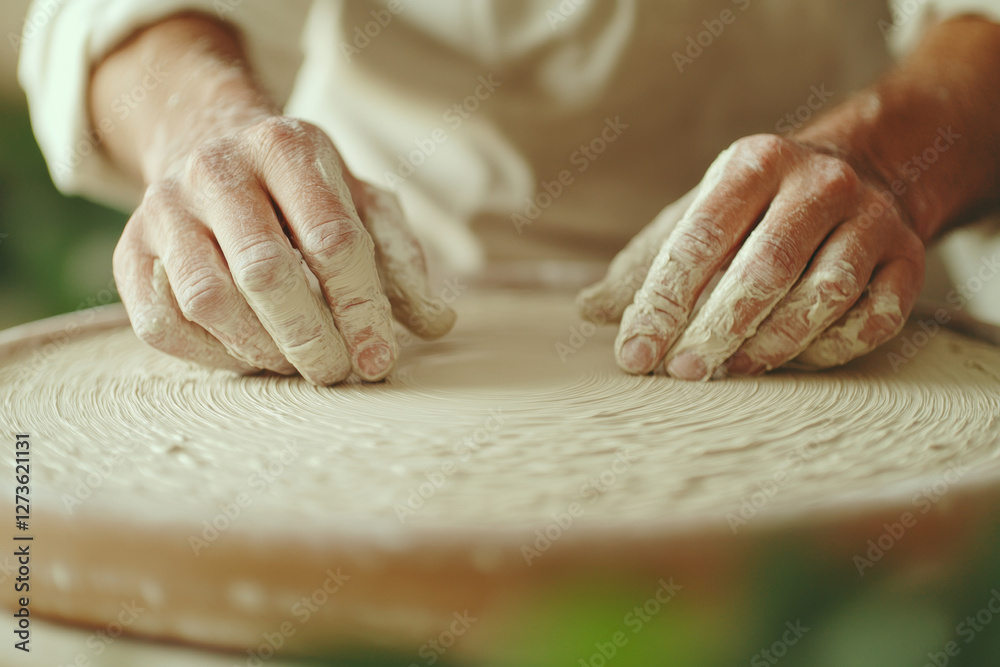 Hands of a skilled craftsman shaping clay on a pottery wheel, creating beautiful art with precise movements and attention to detail Hands of a skilled craftsman shaping clay on a pottery wheel, creating beautiful art with precise movements and attention to detail