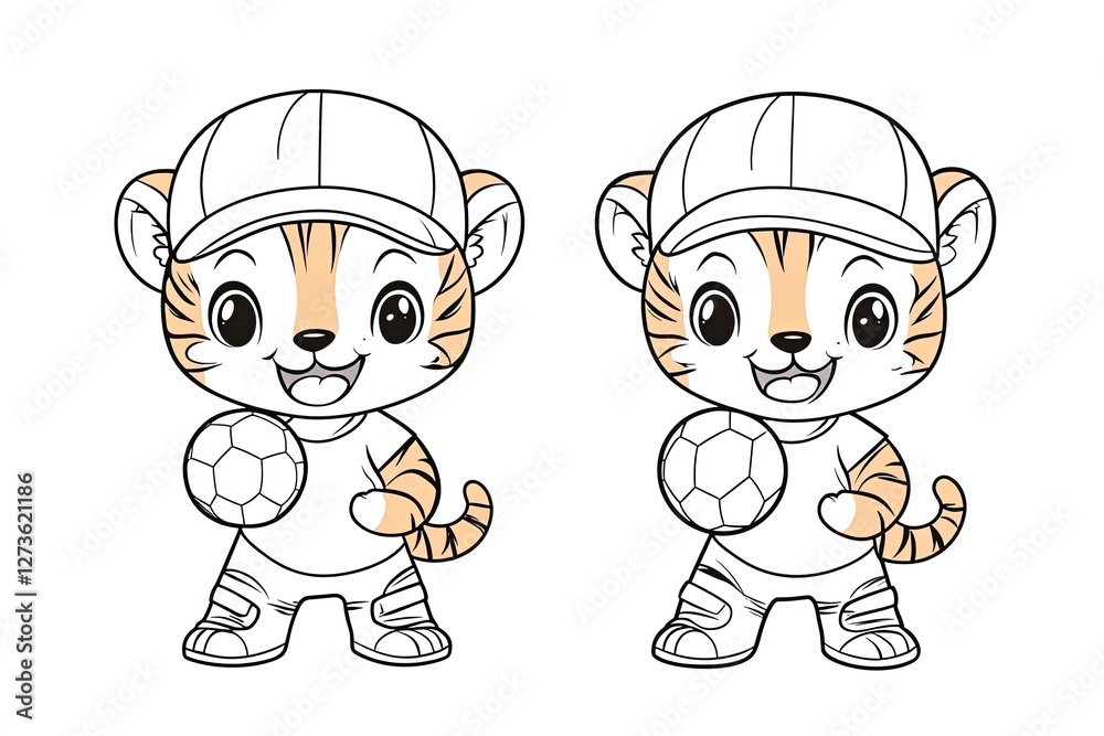 Little tiger cub wearing a baseball cap, holding a tiny soccer ball. Cute Cartoon Character Design and Computer Game. Coloring Book Outline Set. Little tiger cub wearing a baseball cap, holding a tiny soccer ball. Cute Cartoon Character Design and Computer Game. Coloring Book Outline Set.