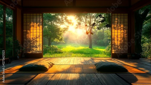 Traditional Japanese tea house with open doors leading to peaceful garden. Seamless looping 4K time-lapse animation video background. photo