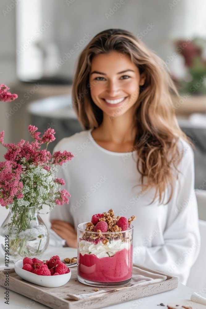 Smiling Woman Enjoying Healthy Raspberry Yogurt Parfait Smiling Woman Enjoying Healthy Raspberry Yogurt Parfait