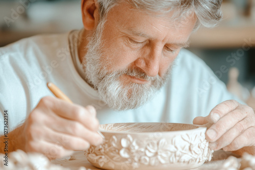 Elderly man carving intricate floral designs on wooden bowl with precision and focus photo