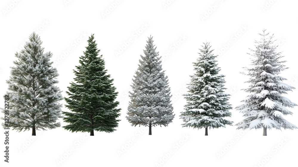 Obraz premium images of different pine trees covered in snow, transparent background, photorealistic, high resolution, high detail, hyper realistic.