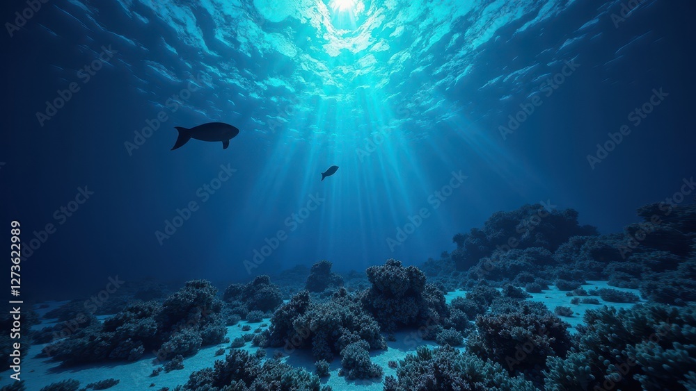 Fototapeta premium Deep underwater coral reef with sunlight rays penetrating the ocean depths 