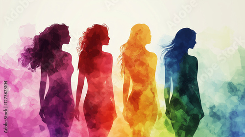llustration of four women's silhouettes in a watercolor rainbow color palette, against a white background. 