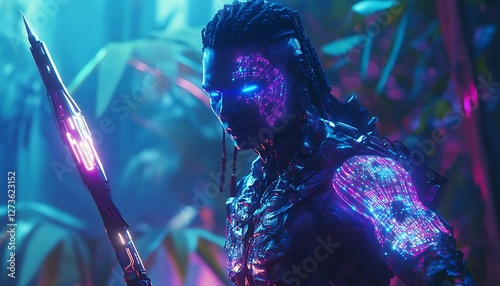 A fierce cybernetic warrior infused with luminous nanotech tattoos standing in a neon-lit jungle holding an advanced energy spear