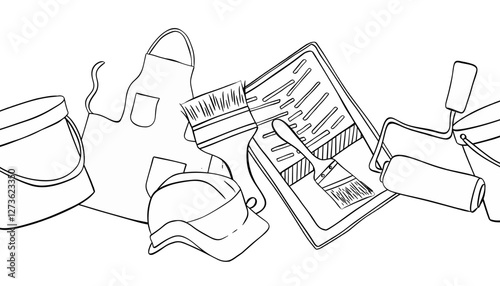 Painting tools seamless border. Brush, color can, roller, helmet, apron, paint tray graphic line vector illustration.  isolated on white background