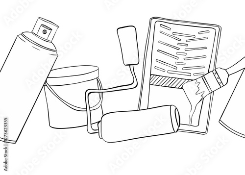 Paint bucket pouring, helmet, aerosol, roller seamless border. Graphic line vector illustration color used for artistic creations