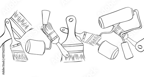Graphic line vector seamless border with brushes and paint rollers. Isolated on transparent background.
