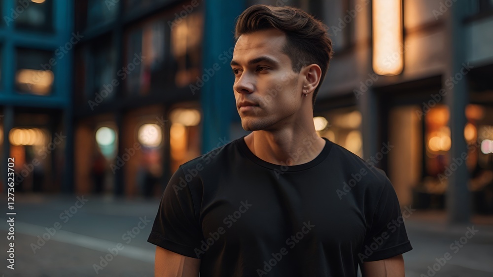 Stylish Young Man in Black T-Shirt Looking Away in Trendy Urban Setting.
Stylish Young Man in Black T-Shirt Looking Away in Trendy Urban Setting.