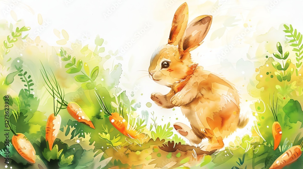 Fototapeta premium A watercolor painting of a cute, brown bunny rabbit hopping through a field of green grass and orange carrots.