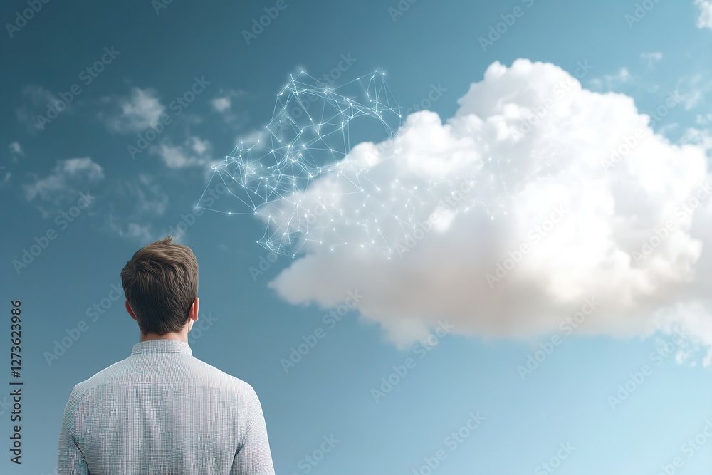 Man gazes at cloud formation while digital connections appear above in the clear blue sky Man gazes at cloud formation while digital connections appear above in the clear blue sky