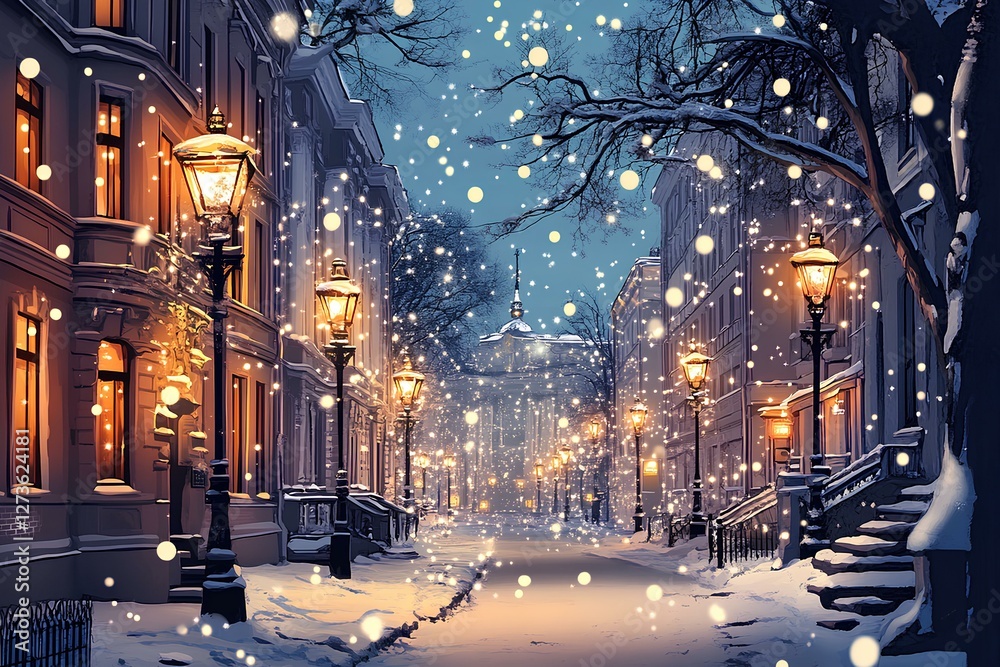 Enchanting winter night in a snow-covered city street with glowing street lamps Enchanting winter night in a snow-covered city street with glowing street lamps