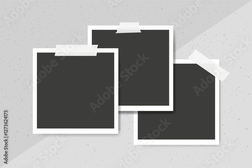 Blank Instant photo frame retro collage glued tape on a gray concrete wall. Vintage snapshots. Retro camera paper shot set. Realistic film photography digital design. Vector illustration