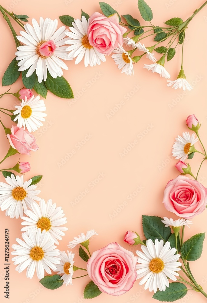 Delicate Pink Roses and White Daisies Frame a Peach Background Delicate Pink Roses and White Daisies Frame a Peach Background