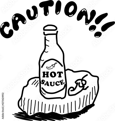 Hand-drawn hot sauce vector doodle. Bottle of hot sauce and chili pepper on a rock. Caution!! For anyone who can take the heat.