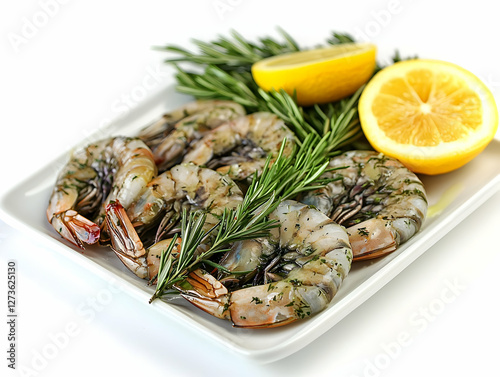 Fresh Shrimp on Plate with Herbs and Lemon photo