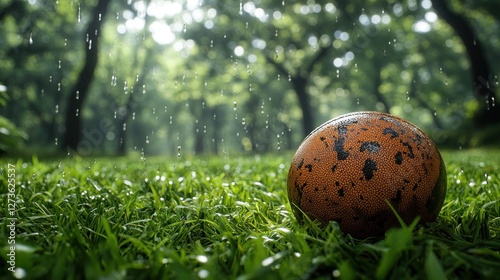 Rainy park scene with ball on grass photo