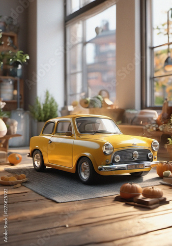 Yellow toy taxi car on the table inside apartment