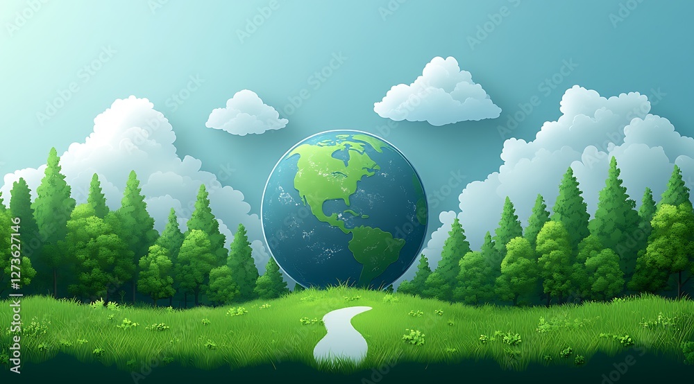Earth with forest against blue sky over green field