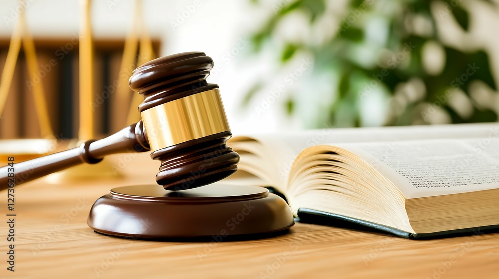 A wooden gavel rests on a round base beside an open law book, symbolizing justice and legal proceedings in a professional setting. A wooden gavel rests on a round base beside an open law book, symbolizing justice and legal proceedings in a professional setting.