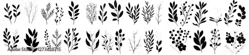 Ornamental branch wreaths are arranged in a hand-drawn pattern, accompanied by a laurel leaf wreath and a decorative bundle of branches, all part of a collection featuring various herbs, twigs,