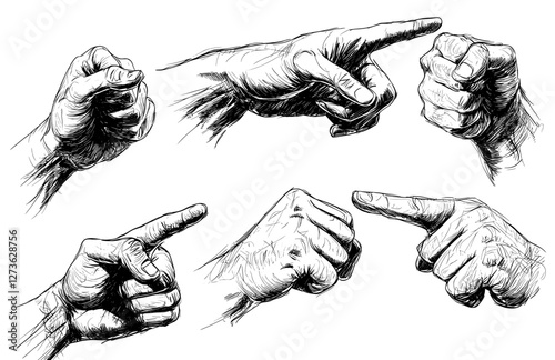 Retro hand icons, human arms, and various gestures are depicted in antique signs of finger, forming a sketch elements set with forefinger and fist positions as a body part
