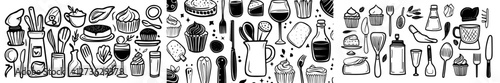 A hand-drawn collection of baking and cooking elements is suitable for menus, recipes, cafes, pastry shops, and bakeries, featuring cooking, confectionery, baking, and pastry