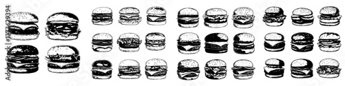 Illustrations of mouthwatering sandwiches, burgers, and hamburgers, both colored and monochrome, are meticulously hand-drawn on a white background, perfect for fast food establishments, menus, or