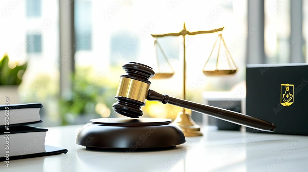 A gavel rests on a wooden block beside a scale of justice, symbolizing law, order, and the judicial system in a professional setting. A gavel rests on a wooden block beside a scale of justice, symbolizing law, order, and the judicial system in a professional setting.