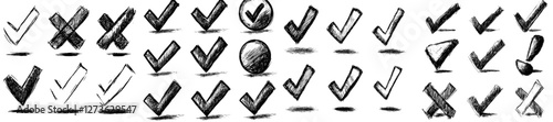 Modern X and V symbols, along with doodle cross and check marks, square boxes, and circle frames, comprise manuscript writing elements
