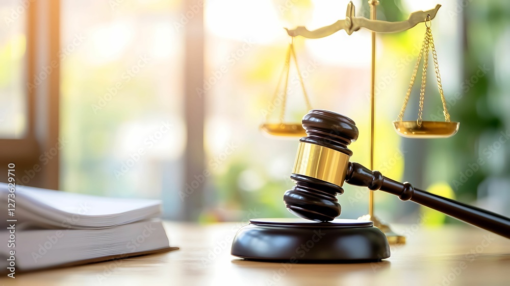 A gavel rests beside a set of scales, symbolizing justice and law in a bright, serene environment. A gavel rests beside a set of scales, symbolizing justice and law in a bright, serene environment.