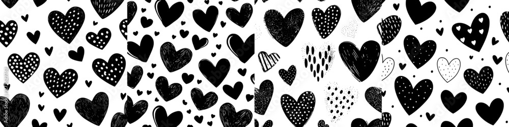 A seamless modern repeat pattern featuring tiny hand-drawn doodle hearts on a white background creates a simple and cute Valentine's Day design