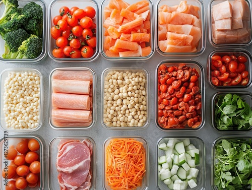 Keto meal prep with clean modern kitchen, neatly arranged ingredients, bright lighting, overhead view, minimalist style