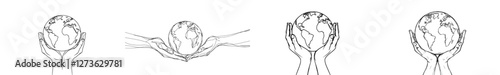 Modern illustration of Earth surrounded by hands in a continuous line drawing for interior design and presentation purposes