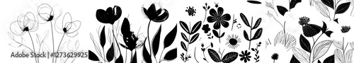 Wallpaper Mural A collection of abstract, hand-drawn jungle flowers in black ink is set against a white background, featuring silhouettes of doodle florals in monochrome Torontodigital.ca