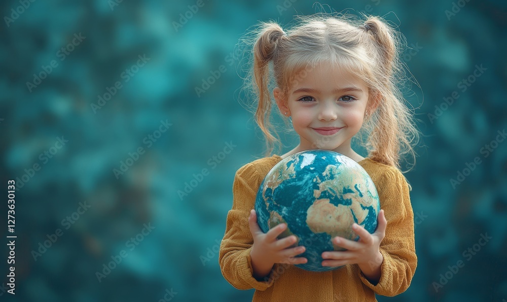 Naklejka premium Embracing the Future: Young Girl Hugging Planet Earth Model for World Children's Day Concept Banner