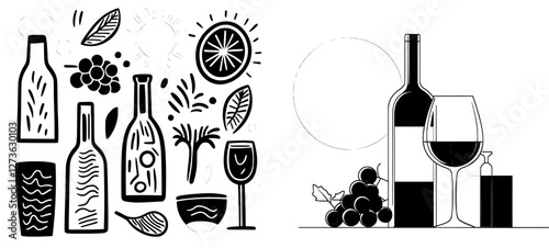 This wine set features a modern illustration with bold lines, created in a hand-drawn doodle style and isolated on white