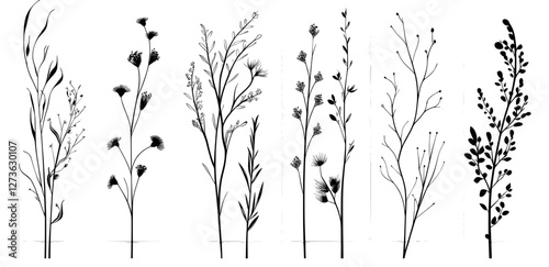 Elegant wedding invitations are perfectly complemented by trendy floral frames featuring wildflowers and leaves in line art, part of a botanical line art collection of wildflowers, comprising hand