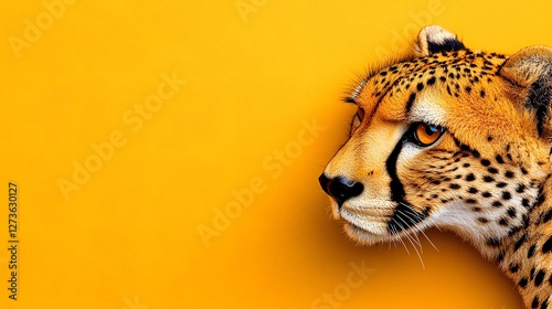 Closeup view of a cheetah s soft spotted fur texture against a vibrant golden yellow background photo