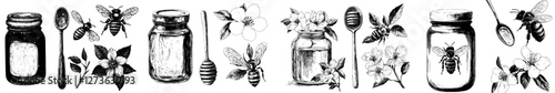 A picture features a bee, a honeycomb, and a jar containing honey