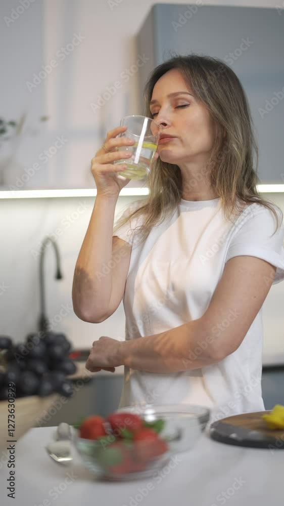 Vertical video, portrait of a woman drinking water from glass standing in the kitchen at home, health care and water balance. Vertical video, portrait of a woman drinking water from glass standing in the kitchen at home, health care and water balance.