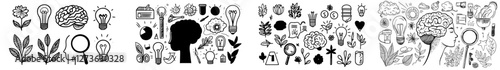 A set of line icons representing human brain development features an open mind with creative ideas, including a hand-drawn light bulb and tangled threads in the head, symbolizing mental health and