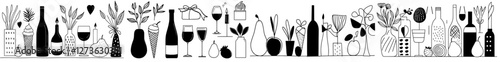 A minimalist sketch style illustration featuring wine bottles, fruits, candles, and decorative elements, all hand drawn in modern monochrome for versatile use