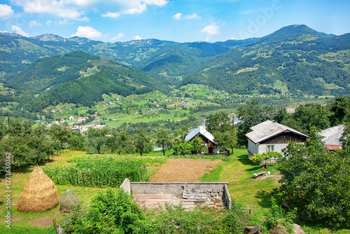 Obraz na płótnie Breathtaking rural landscape showcasing vibrant fields and serene mountains in summer w salonie