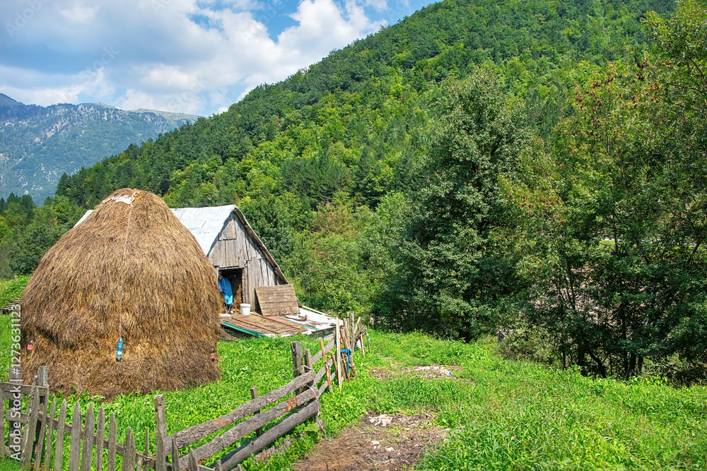 Rustic mountain farmhouse with haystack amidst lush greenery on a sunny day