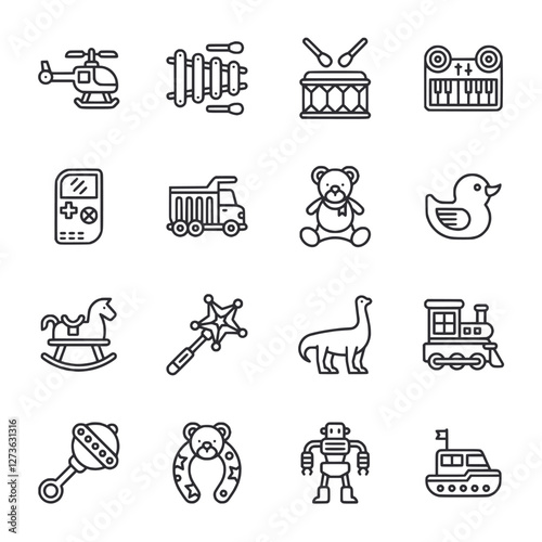 A set of toy icons including a teddy bear, a train, a boat, a car, a robot
