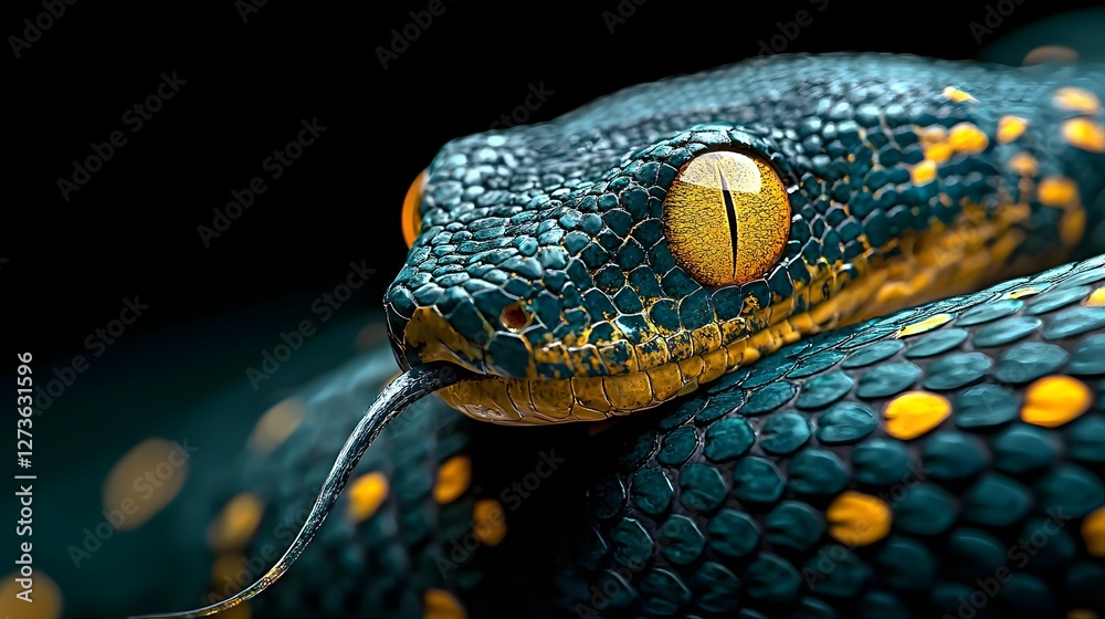 Fototapeta premium Mesmerizing close up of a snake s iridescent skin showcasing the intricate pattern and vibrant colors of its glossy green and black scales This natural